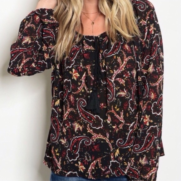 Black Paisley Print Tassel Tie Peasant Blouse